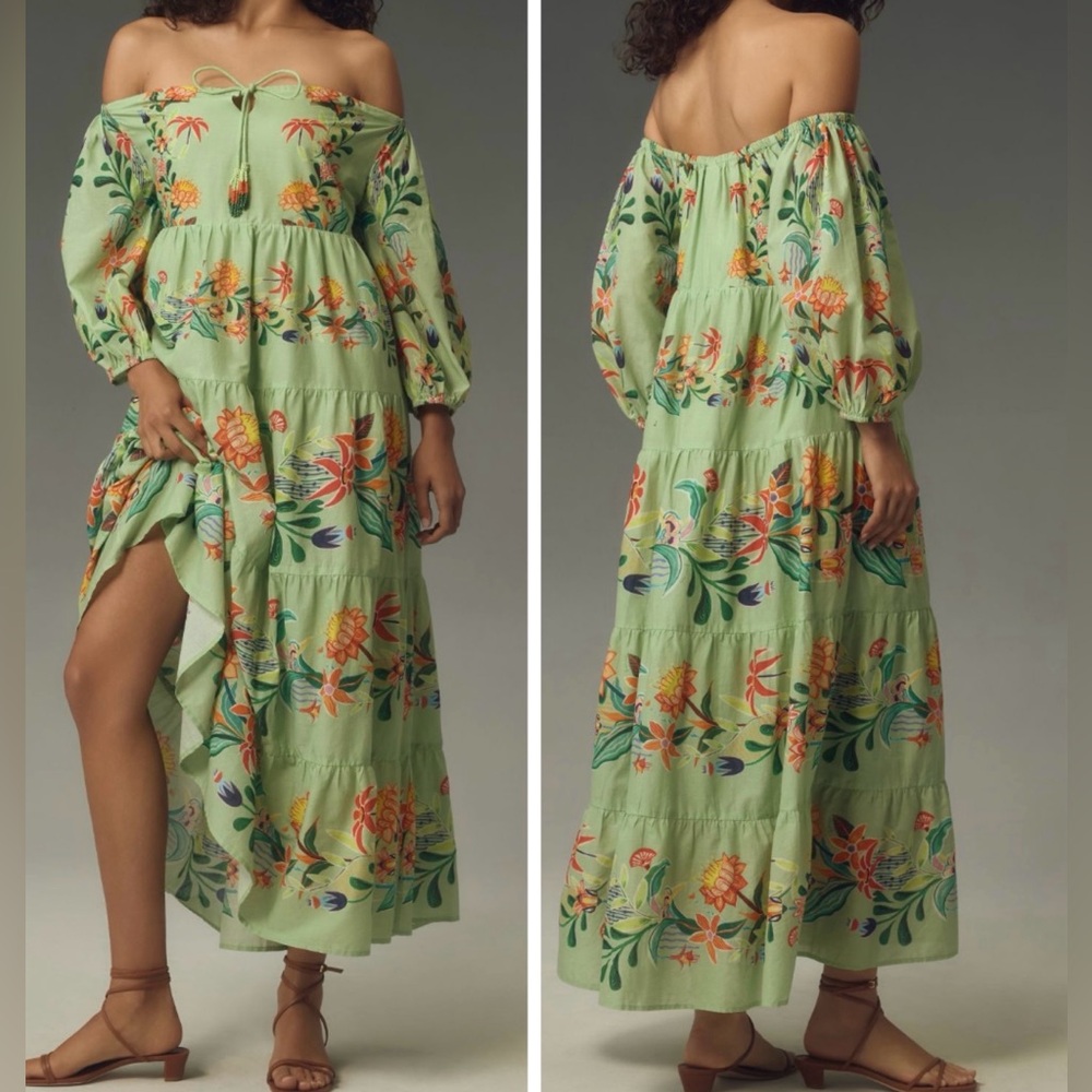 Farm Rio Off-The-Shoulder Tiered Floral Maxi Dress, Size M